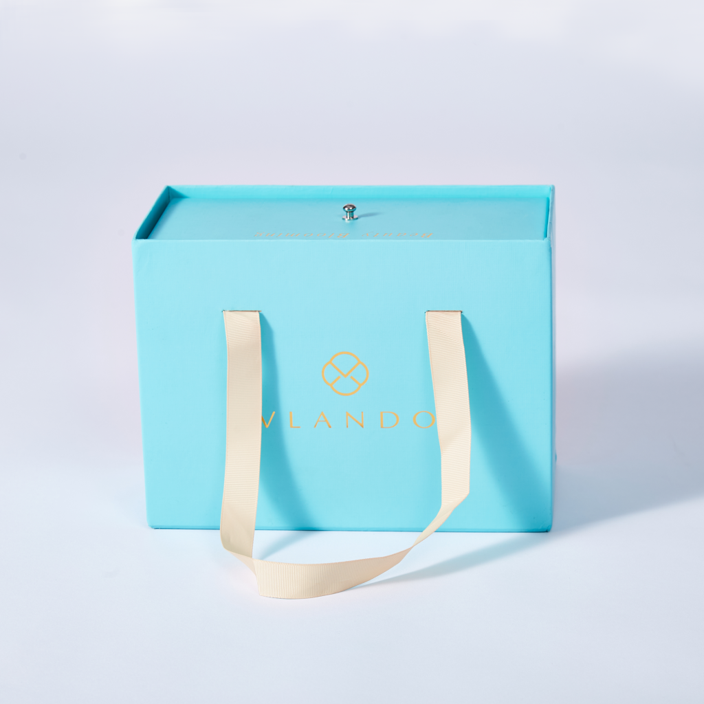Luxury blue sliding drawer gift box with ribbon handle