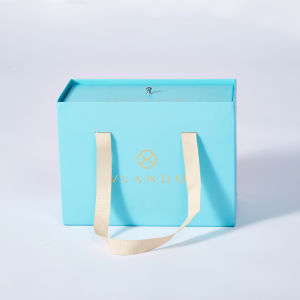 Luxury blue sliding drawer gift box with ribbon handle